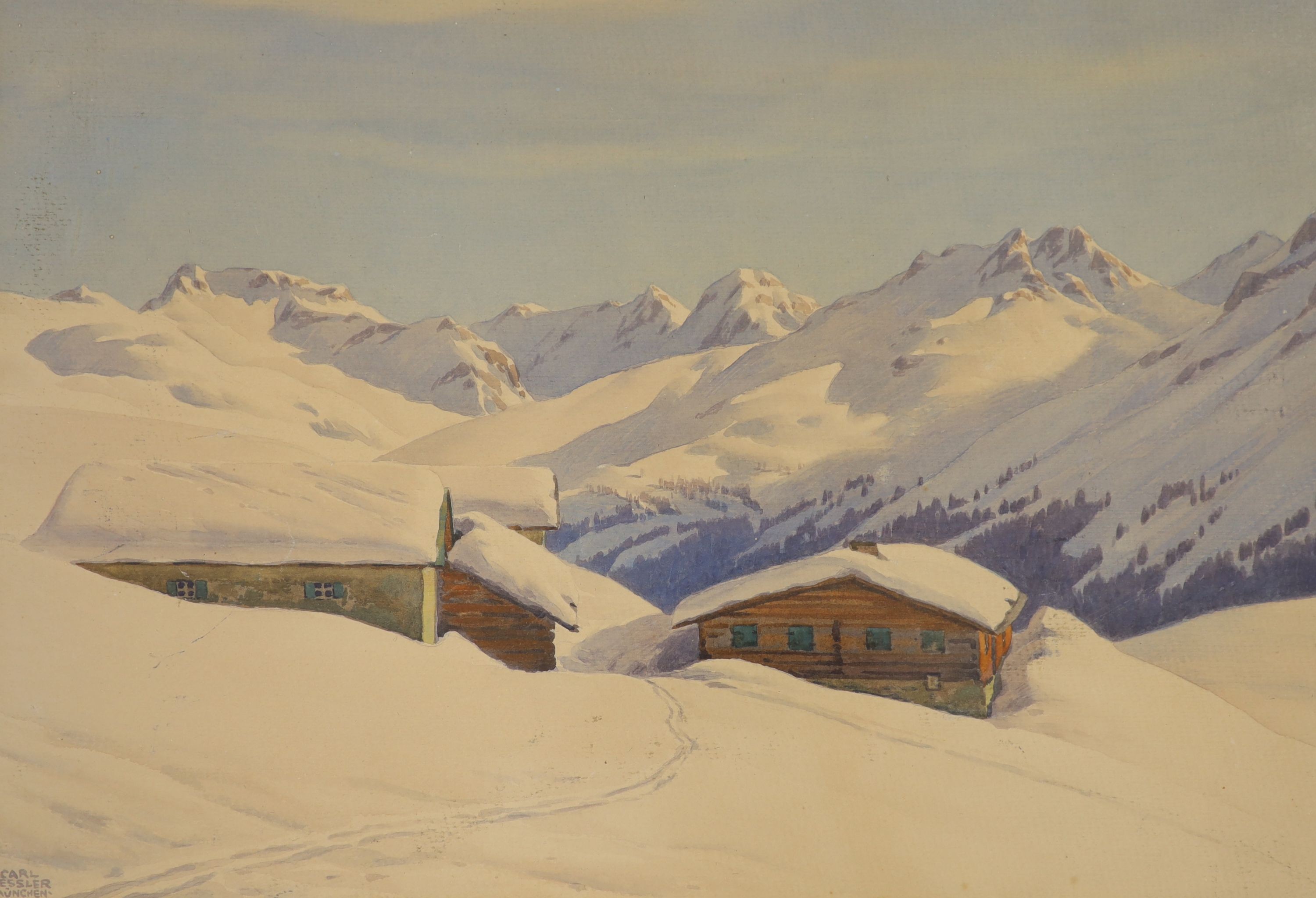 Carl Kessler (German, 1876-1968), watercolour, Chalets in the snow, signed, 33 x 48cm